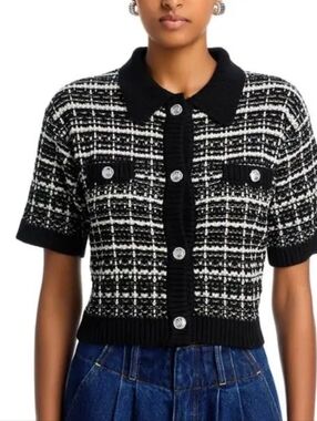 H&M Black/White Short Sleeve Tweed Style Sweater Cropped Cardigan